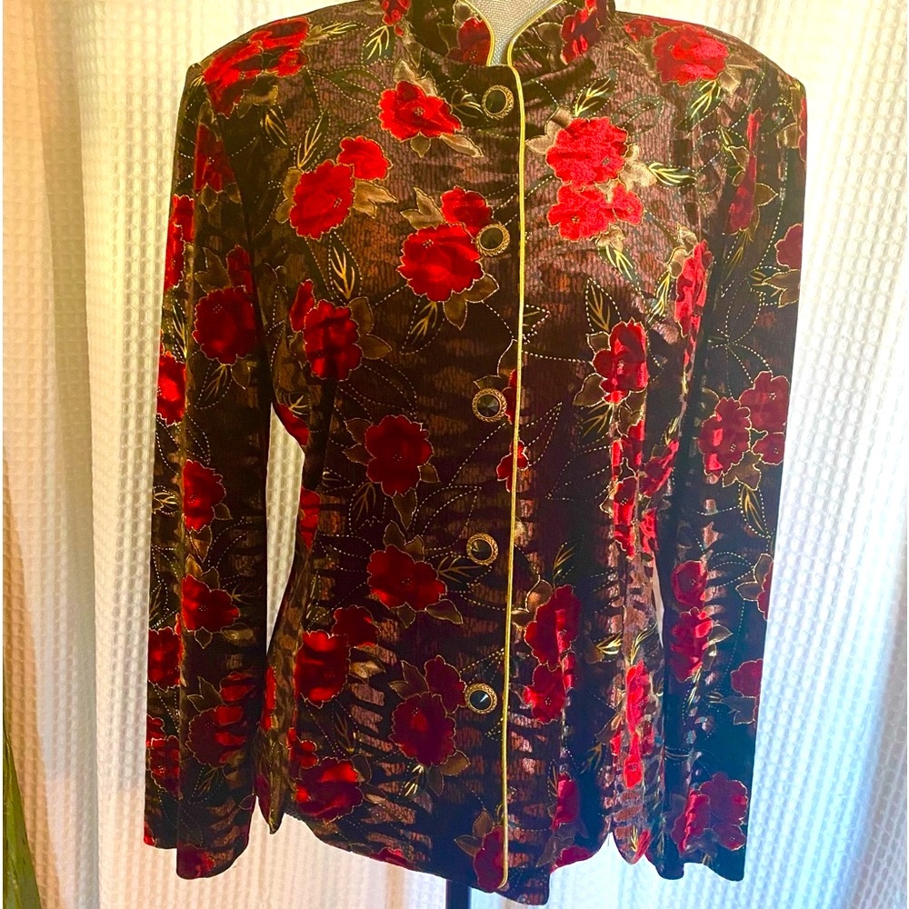Velvet Dressy formal Jacket perfect Holiday mandarin collar red gold brown